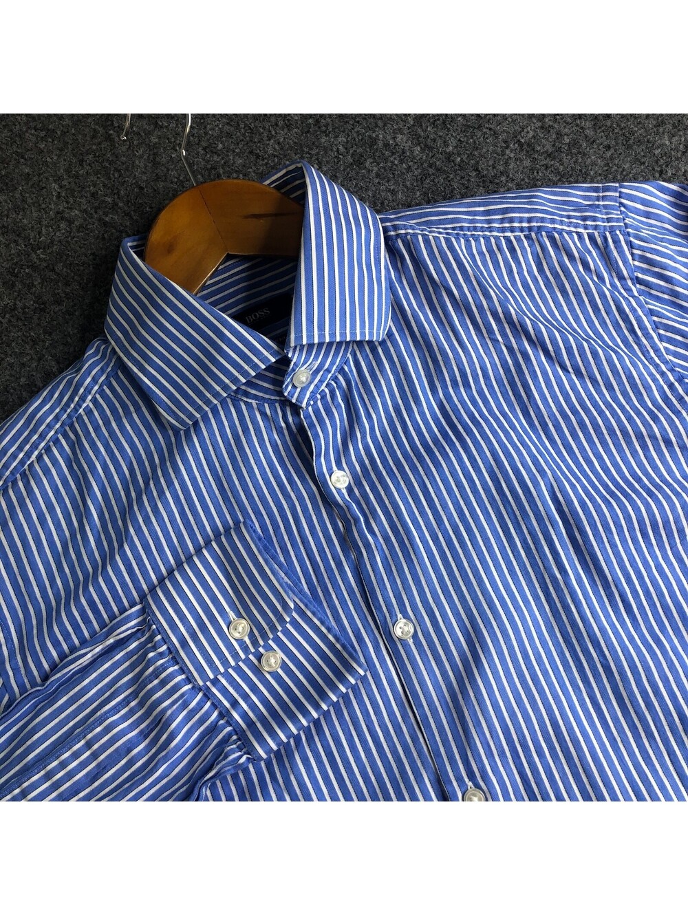 Hugo Boss Shirt Mens 16.5 36/37 Blue Stripe Sharp Fit Cotton Long Sleeve Dress